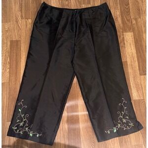 Mac & Jac Black 100% Silk Cropped Wide Leg Pants Beaded Floral Hem Womens 16